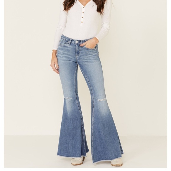 Shyanne Jeans Women 28 Long Super Flare Distressed Bell Bottom 35” U - Picture 2 of 13